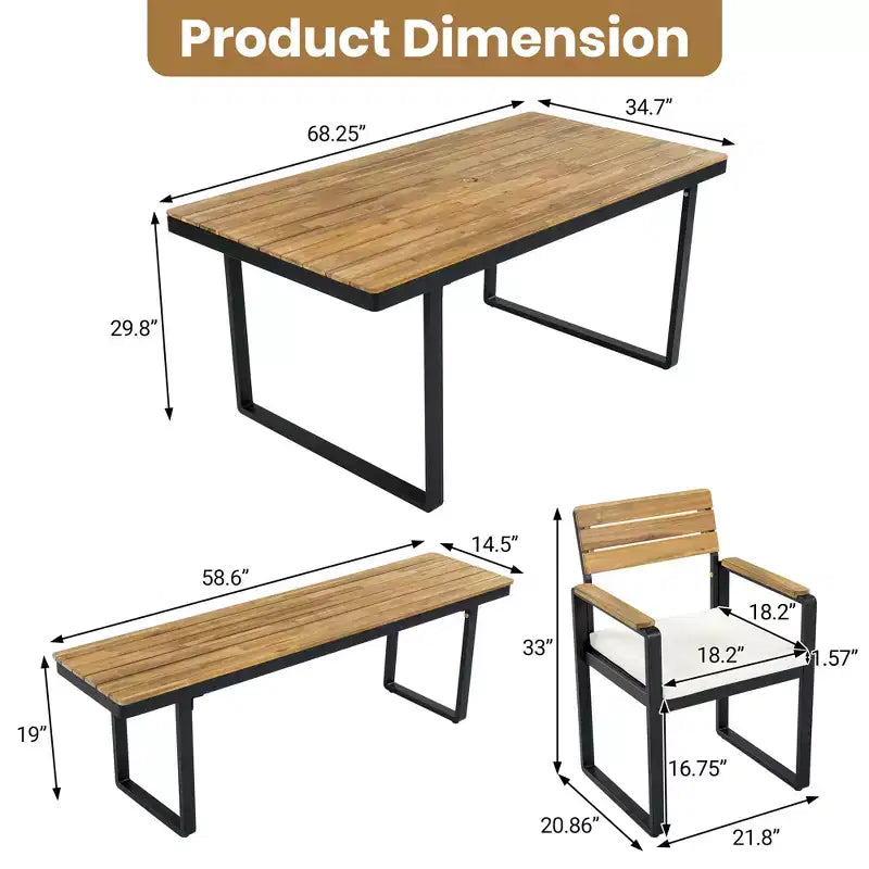 GDFStudio Elvira Patio, set da pranzo moderno da 6 pezzi in legno di acacia con tavolo, 4 sedie imbottite e panca