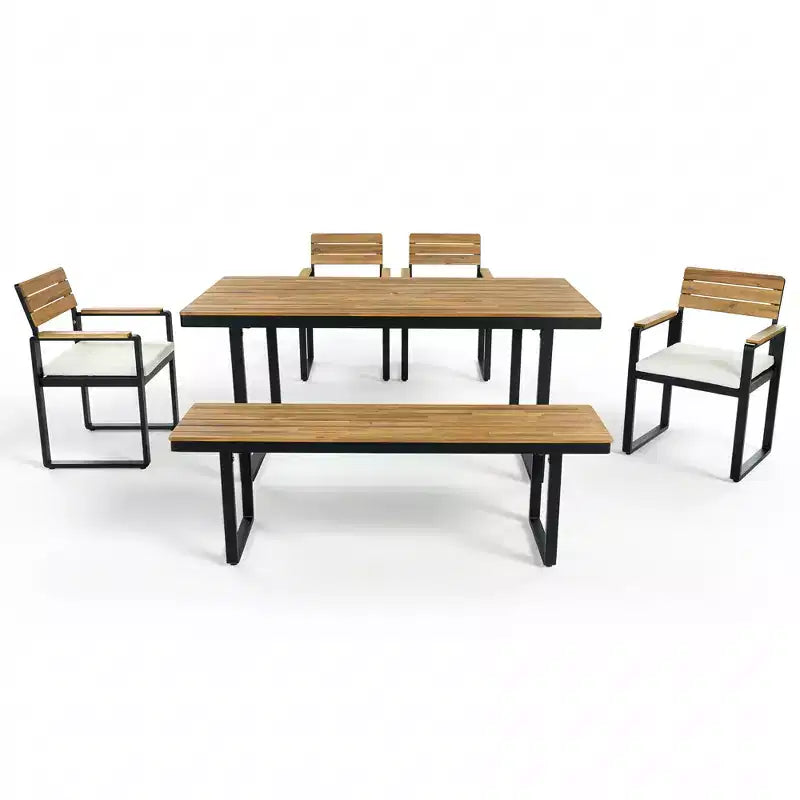 GDFStudio Elvira Patio, set da pranzo moderno da 6 pezzi in legno di acacia con tavolo, 4 sedie imbottite e panca