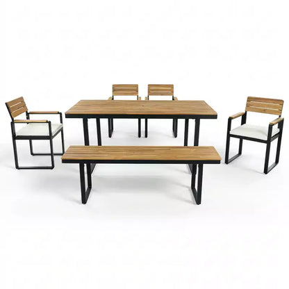 GDFStudio Elvira Patio, set da pranzo moderno da 6 pezzi in legno di acacia con tavolo, 4 sedie imbottite e panca