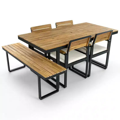 GDFStudio Elvira Patio, set da pranzo moderno da 6 pezzi in legno di acacia con tavolo, 4 sedie imbottite e panca