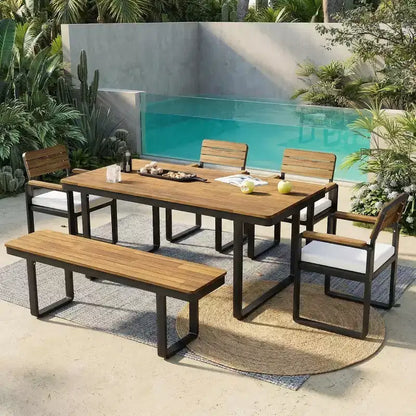 GDFStudio Elvira Patio Modern 6-Piece Acacia Wood Dining Set with Table, 4 Cushioned Chairs and Bench