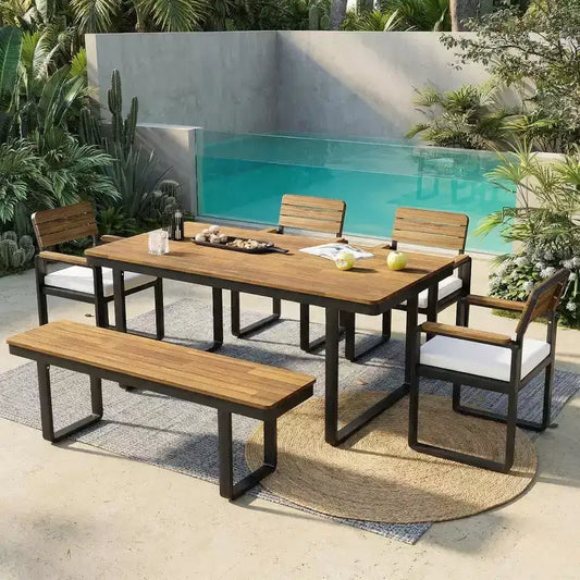 GDFStudio Elvira Patio Modern 6-Piece Acacia Wood Dining Set with Table, 4 Cushioned Chairs and Bench