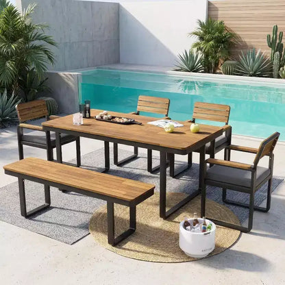GDFStudio Elvira Patio, set da pranzo moderno da 6 pezzi in legno di acacia con tavolo, 4 sedie imbottite e panca
