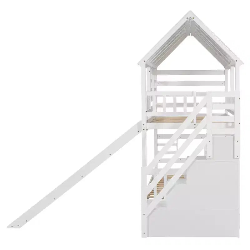 Letto a Castello Whisen Twin over Twin con Letto Estraibile e Scivolo, Scala Contenitore, Design Tetto e Finestra