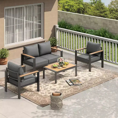 Salon de jardin en aluminium, canapé d'extérieur modulable avec 5 coussins épais, 4 accoudoirs et table basse pour jardin, terrasse, arrière-cour