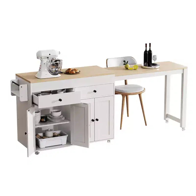 Isola da Cucina da 189 cm con Tavolo da Pranzo Estensibile, Carrello con 4 Armadietti, 2 Cassetti, Porta Spezie, Ripiani Regolabili