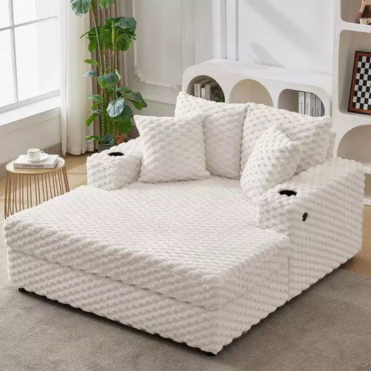 Canapé-lit méridienne en chenille beige/gris – 2 places