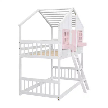 Lit mezzanine cabane de taille double, lit mezzanine cabane en bois avec échelle et barrières de sécurité pour enfants