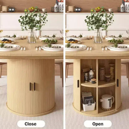 Dyonery 63 Tavolo da cucina e sala da pranzo rotondo allungabile con ripiano portaoggetti a 2 livelli, con base a piedistallo, mobili da pranzo in legno ovale, noce