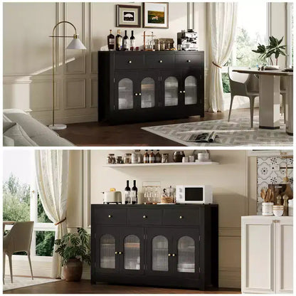 Credenza stretta da 140 cm con 3 cassetti e 4 ante per cucina, sala da pranzo, soggiorno