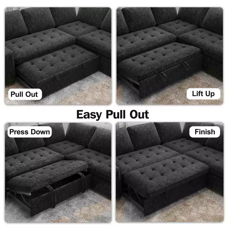 Dyonery Comfy Divano Letto 198 cm, Divano Letto a L in ciniglia con Letto Estraibile e Chaise Longue Contenitore per Soggiorno, Appartamento e Ufficio, Nero