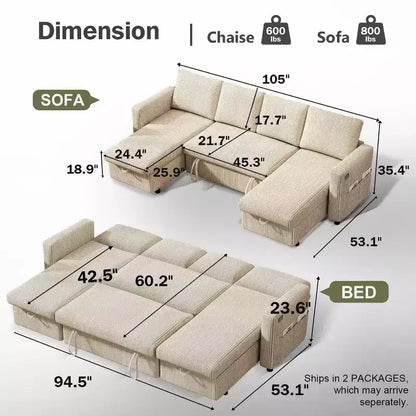 Divano letto estraibile a quattro posti Dyonery da 105 pollici con contenitore, tasche laterali, schienale regolabile, convertibile