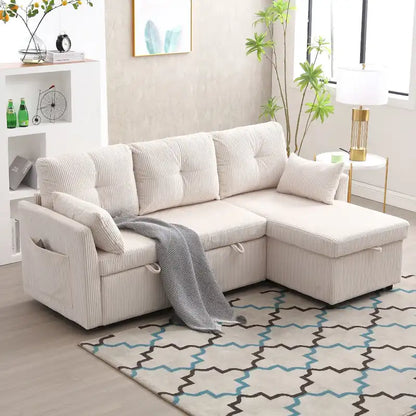 Divano Sezionale a L con Chaise Reversibile, Rivestimento in Velluto a Coste/Ciniglia, con Bracciolo Portaoggetti e Tasca Laterale