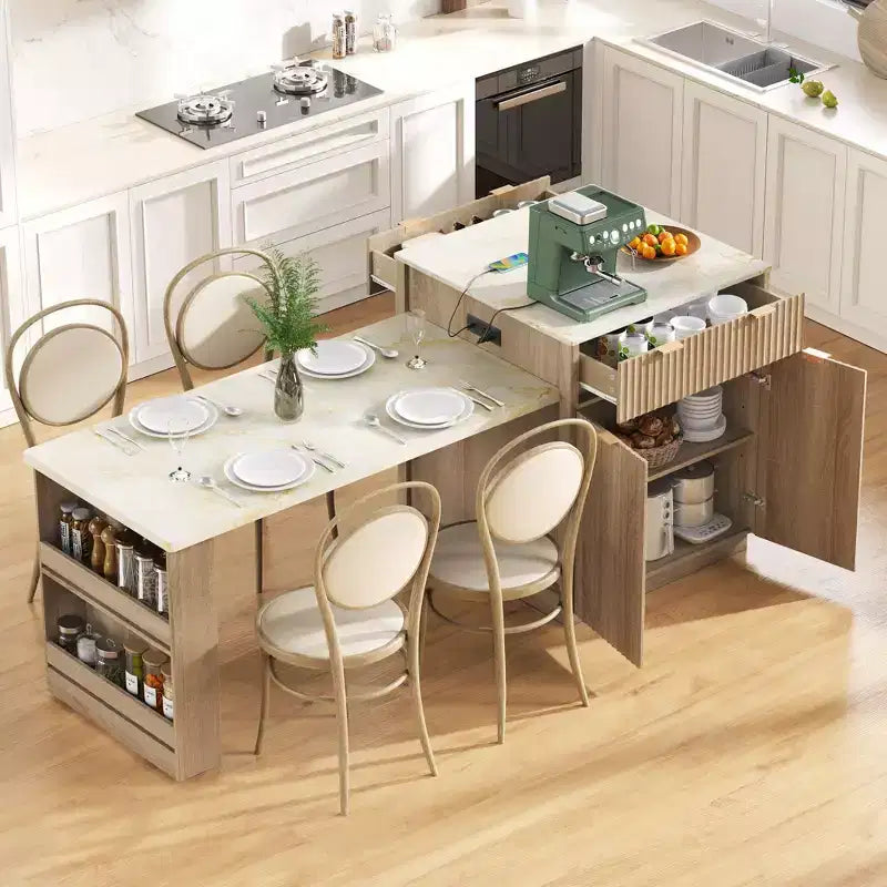 Îlot de cuisine cannelé avec table extensible, prise électrique et rangement double face
