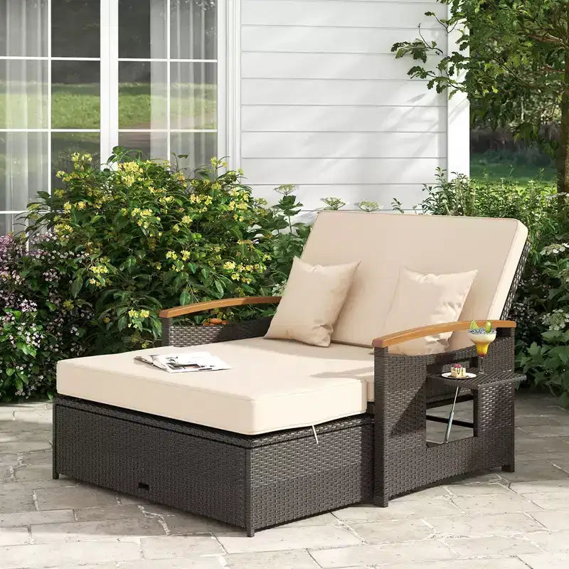 Set divano letto in rattan per esterni Costway con divanetto imbottito e poggiapiedi contenitore per veranda Beige/Blu marino/Rosso/Turchese/Nero/Grigio