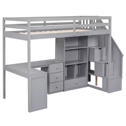 Lit mezzanine une place avec bureau en L, 3 tiroirs, placard, rangements intégrés dans l'escalier, en pin massif/MDF