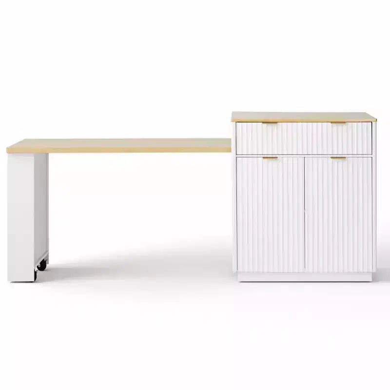 Îlot de cuisine cannelé avec table extensible, prise électrique et rangement double face