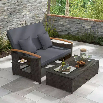 Set divano letto in rattan per esterni Costway con divanetto imbottito e poggiapiedi contenitore per veranda Beige/Blu marino/Rosso/Turchese/Nero/Grigio