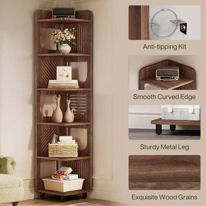 Étagère d'angle Lantine à 6 niveaux, bibliothèque haute rustique de 180 cm pour salon, chambre, bureau