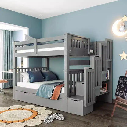 Letto a castello Full over Full con scaletta per bambini, struttura a castello matrimoniale con 6 cassetti e ringhiera per cameretta o dormitorio