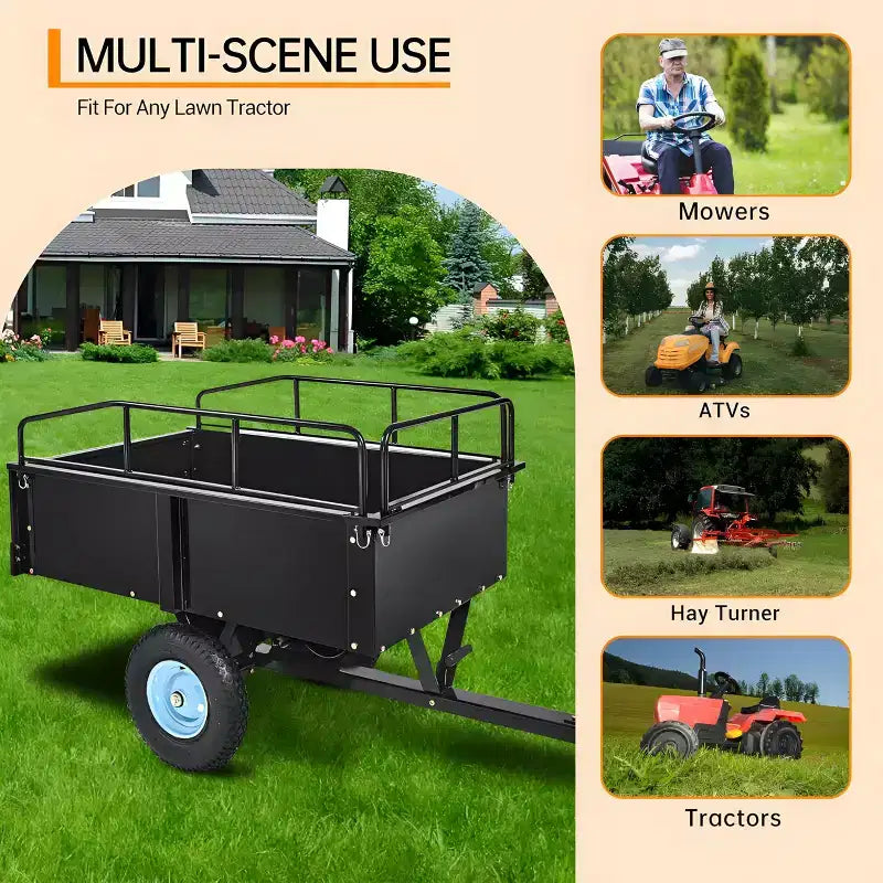 Carrello Ribaltabile in Acciaio Super Resistente da 750 libbre, Rimorchio da Giardino Utilitario da 15 piedi cubi con Sponda Rimovibile e Ruote da 16 pollici, Trainabile con Trattore o Rasaerba