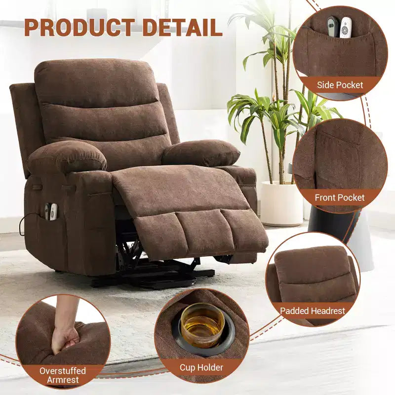 Fauteuil inclinable électrique releveur, fauteuils inclinables électriques pour personnes âgées avec fonction chauffante et massante, aide à la levée, porte-gobelets, poche latérale, pour salon