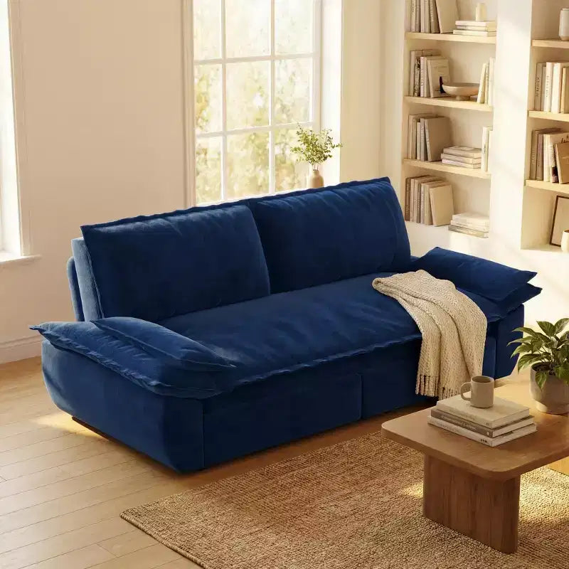 Divano Letto Convertibile Blu in Velluto, Divano Letto Estraibile 3 in 1, 3 Posti a Sedere