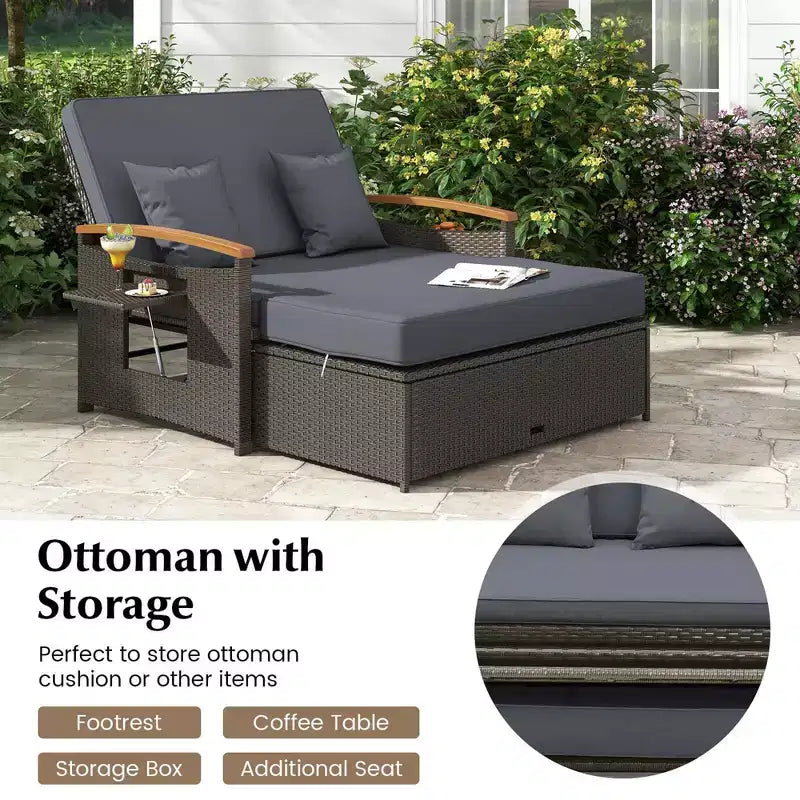 Set divano letto in rattan per esterni Costway con divanetto imbottito e poggiapiedi contenitore per veranda Beige/Blu marino/Rosso/Turchese/Nero/Grigio