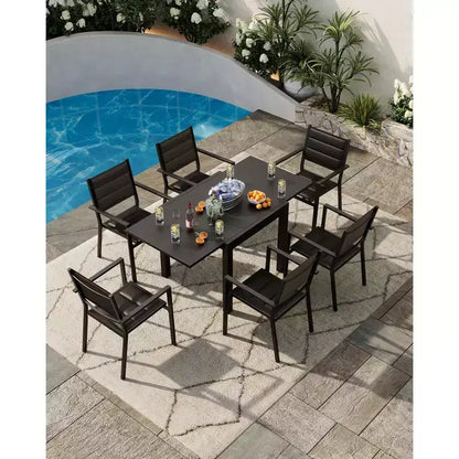 Table à manger extérieure extensible en aluminium imitation bois - Rectangulaire, résistante à la rouille, 6 places