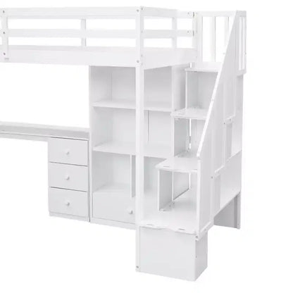 Lit mezzanine une place avec bureau en L, 3 tiroirs, placard, rangements intégrés dans l'escalier, en pin massif/MDF