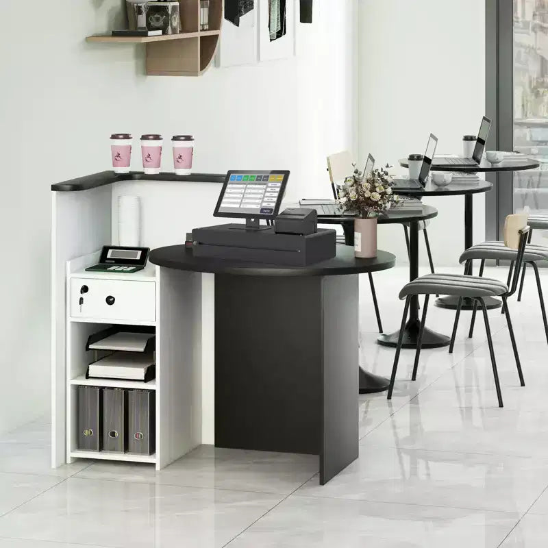 Costway Bancone per Reception, Scrivania da Ufficio con Ripiano Aperto e Cassetto con Serratura, Bianco/Marrone/Nero