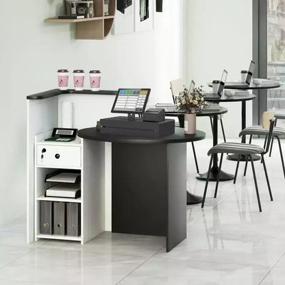 Costway Bancone per Reception, Scrivania da Ufficio con Ripiano Aperto e Cassetto con Serratura, Bianco/Marrone/Nero