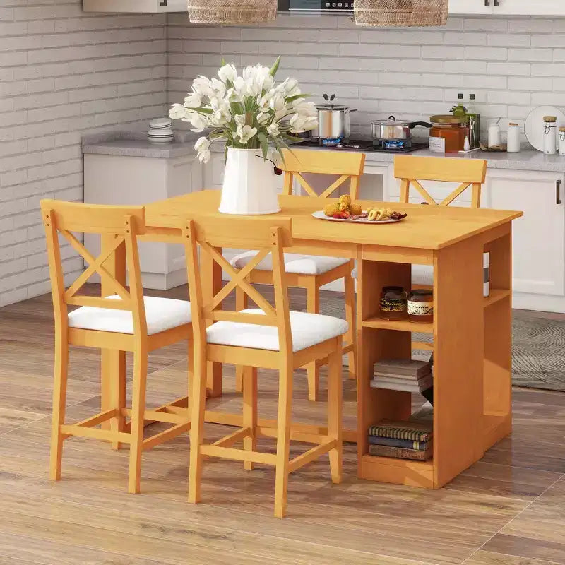 Set da pranzo a 5 pezzi in stile rustico ad altezza bancone per 4 persone, set da tavolo da bar in legno con ripiani e 4 sedie imbottite