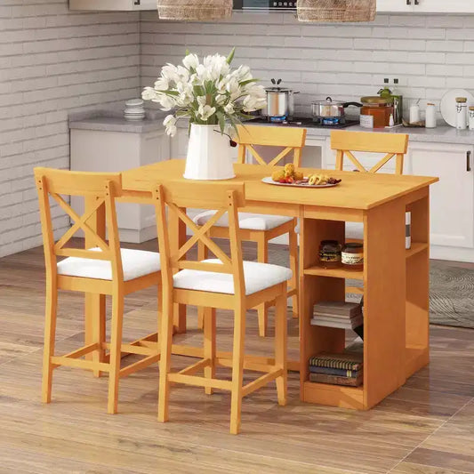 Set da pranzo a 5 pezzi in stile rustico ad altezza bancone per 4 persone, set da tavolo da bar in legno con ripiani e 4 sedie imbottite