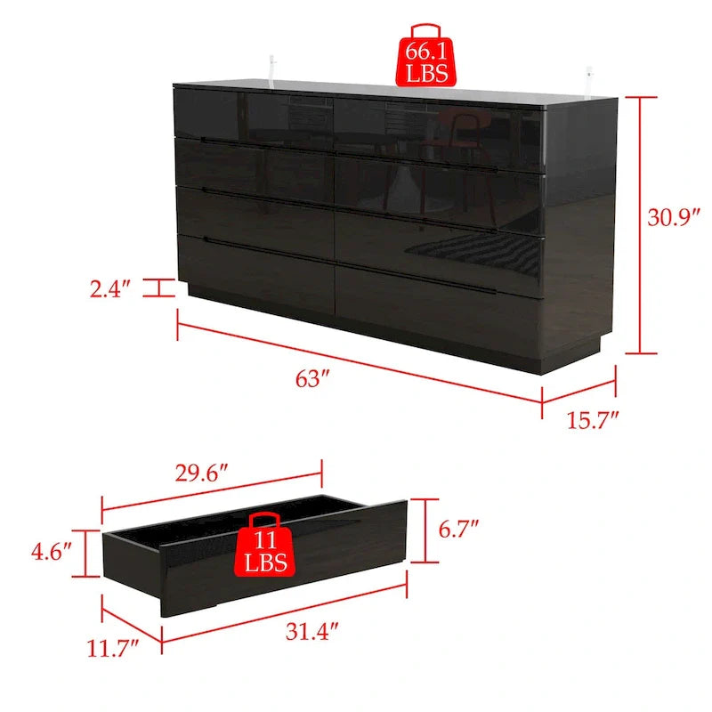 Comò lucido 63" con luce, con 8 cassetti e ampio piano d'appoggio