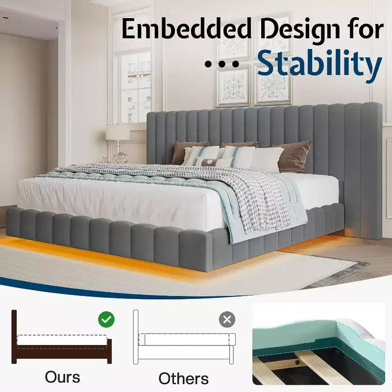 AMERLIFE Letto Imbottito con Luci LED, Design Flottante, Supporto a Doghe Solide