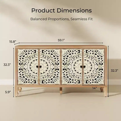 Credenza Buffet con Mobile Contenitore, Mobile Contenitore Effetto Invecchiato con 4 Ante Intagliate e Ripiano Regolabile, Credenze Buffet Laterali in Legno