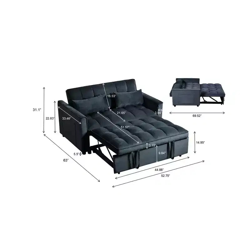 Canapé-Lit Convertible 3 en 1 en Velours Gris Ciment avec Oreillers et Poches, Canapé-Lit Extensible Moderne, Dossier Réglable