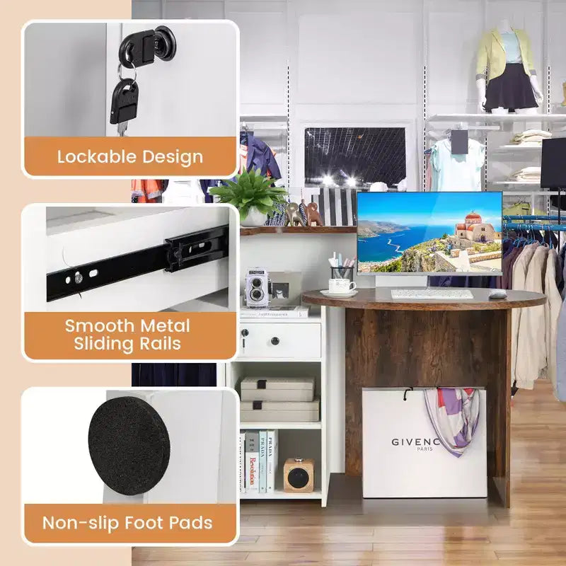 Costway Bancone per Reception, Scrivania da Ufficio con Ripiano Aperto e Cassetto con Serratura, Bianco/Marrone/Nero