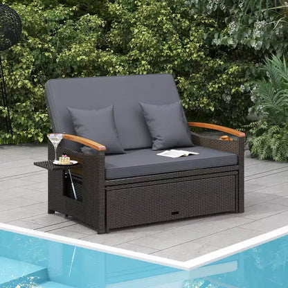 Set divano letto in rattan per esterni Costway con divanetto imbottito e poggiapiedi contenitore per veranda Beige/Blu marino/Rosso/Turchese/Nero/Grigio