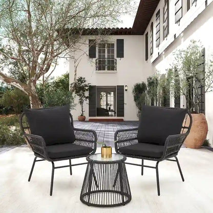 Set da Bistrot da Esterno in Rattan da 3 Pezzi, Set di Mobili da Giardino con Tavolo in Vetro e 2 Ampie Poltrone, Cuscini Inclusi