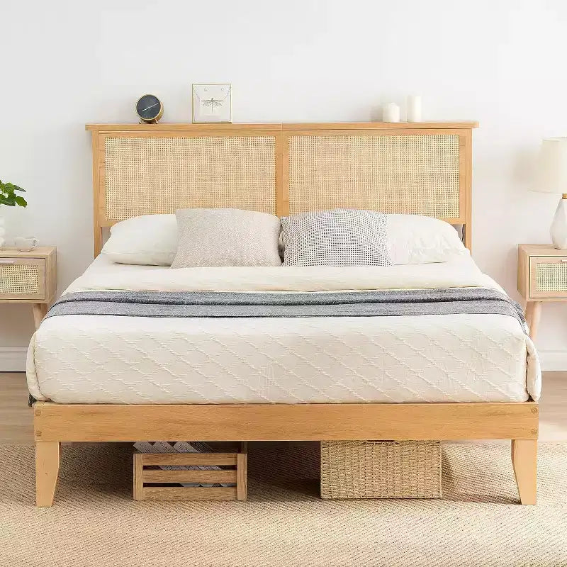 Struttura Letto in Rattan con Testiera Naturale, Luci a LED, Doghe in Legno Massello, Spazio Contenitore, Nessuna Rete a Molle Necessaria