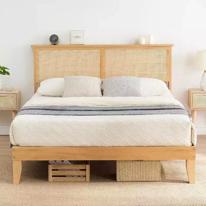 Struttura Letto in Rattan con Testiera Naturale, Luci a LED, Doghe in Legno Massello, Spazio Contenitore, Nessuna Rete a Molle Necessaria