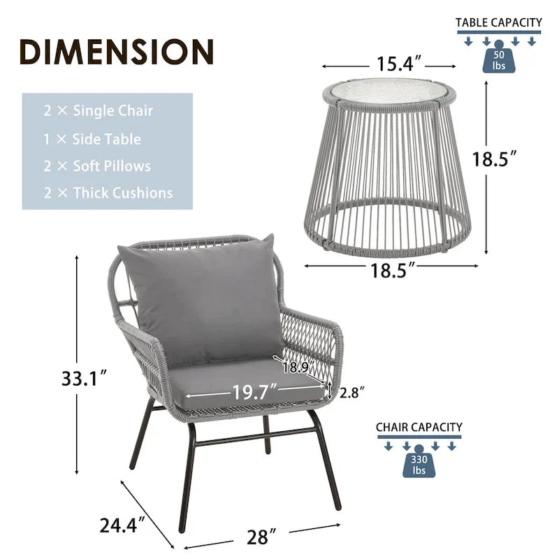 Set da Bistrot da Esterno in Rattan da 3 Pezzi, Set di Mobili da Giardino con Tavolo in Vetro e 2 Ampie Poltrone, Cuscini Inclusi