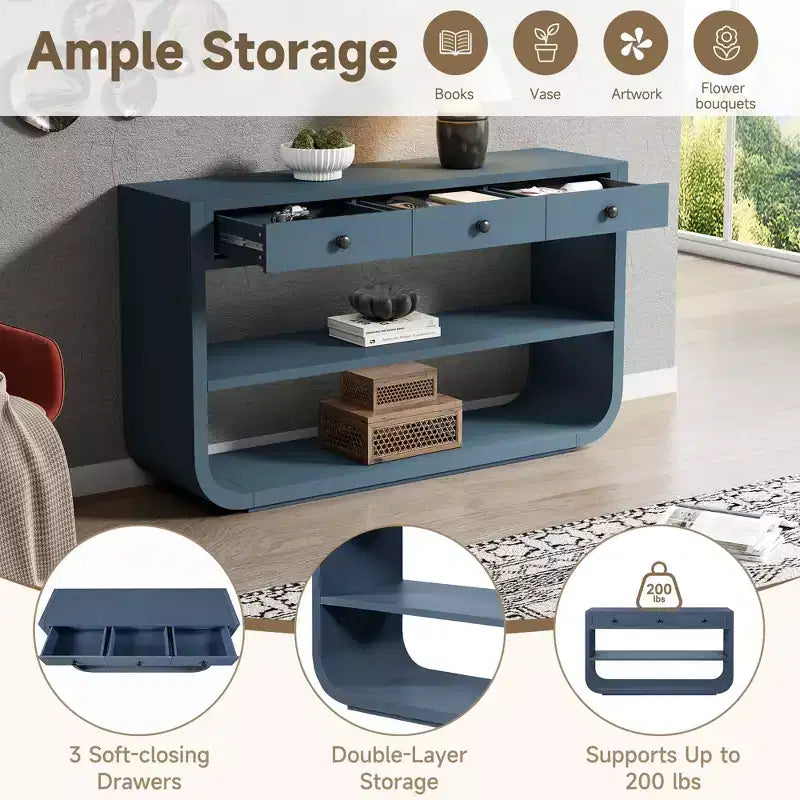 ModernLuxe Tavolo curvo da ingresso, Tavolo consolle, Tavolino da divano, Espositore, Tavolino d'appoggio con 3 cassetti a chiusura ammortizzata e 2 ripiani aperti