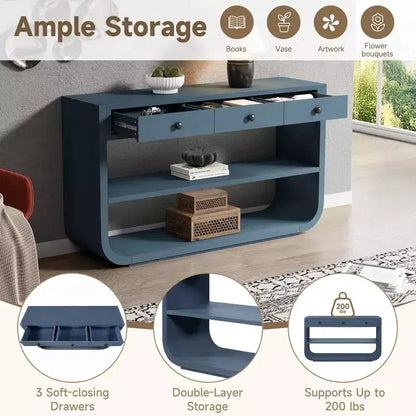 ModernLuxe Tavolo curvo da ingresso, Tavolo consolle, Tavolino da divano, Espositore, Tavolino d'appoggio con 3 cassetti a chiusura ammortizzata e 2 ripiani aperti