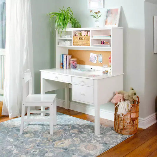 Set Scrivania e Sedia per Bambini Guidecraft Madison con Libreria - Bianco: Scrivania da Scrittura in Legno per Bambini con Contenitore, Tavolo da Studio in Legno per Bambini con Libreria