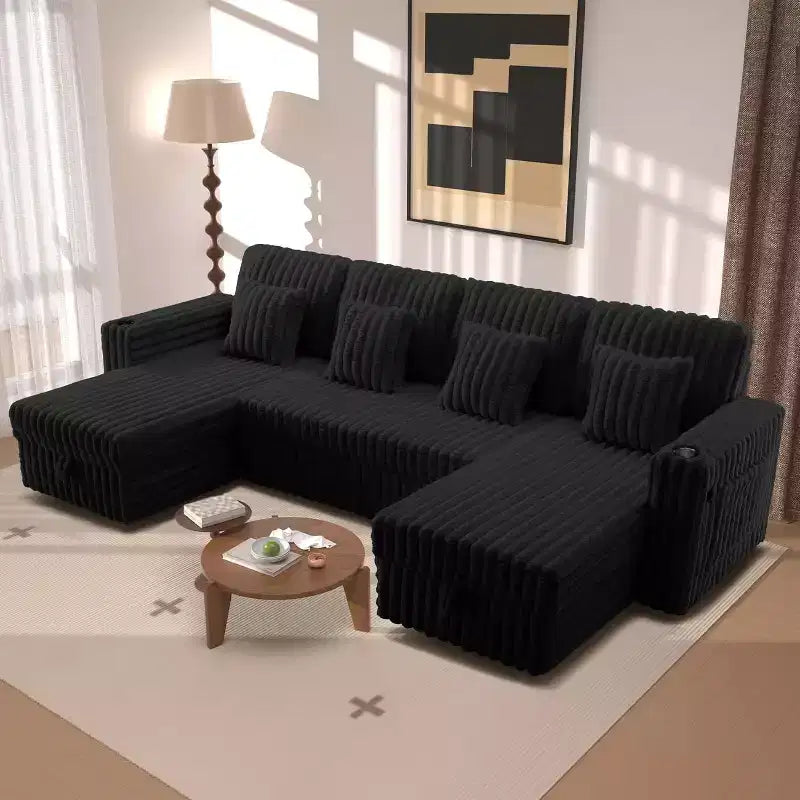 MooxvMoo Divano letto a U 124" con contenitore, divano convertibile di grandi dimensioni con letto estraibile, schienale regolabile, porte USB e portabicchieri, nero