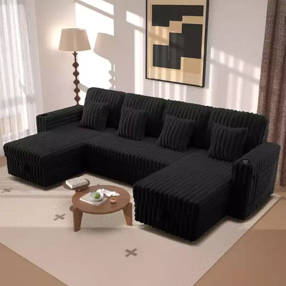MooxvMoo Divano letto a U 124" con contenitore, divano convertibile di grandi dimensioni con letto estraibile, schienale regolabile, porte USB e portabicchieri, nero