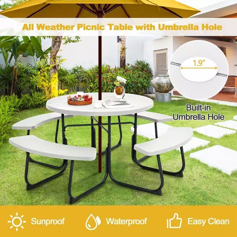 Costway Set Tavolo da Picnic Rotondo da Esterno a 8 Posti con 4 Panche e Foro per Ombrellone Nero/Grigio/Verde/Bianco